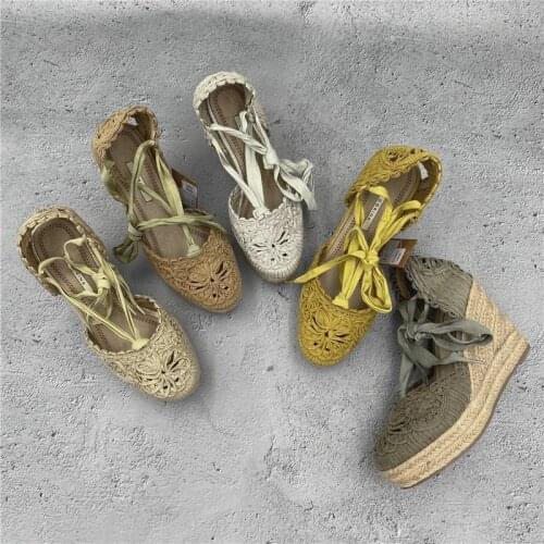 Large Size Sandals Straps Clogs With Heel Shoes Closed Toe Womens Wedges 2021 Summer Suit Female Beige Big Lace Up Thick Low Hig