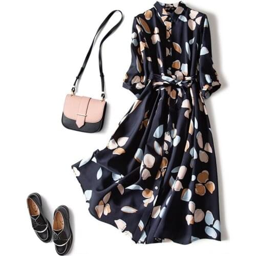 Large Size Chiffon Printed Dress Female Retro 2021 New Waist Three-quarter Sleeve Shirt Dress Loose Body Covering Bohemian Dress