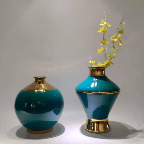 Modern Vases Light Luxury Gold Blue Home Ornament Decorations Planter Pot Restaurant Table Flower Vase