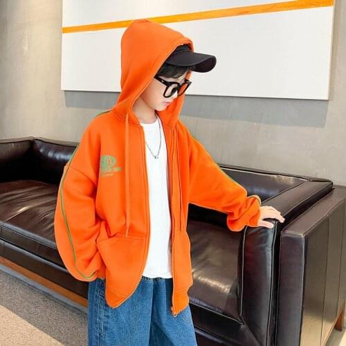 Boys Spring And Autumn Sports Cardigan Hooded Casual Tops Fashion Cartoon Print Tops Teen Gray Orange Thin Zip Jacket 4-13 Years