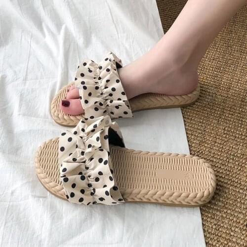 Ladies Sweet Polka Dot Ruffles Slippers For Home Women Fashion Summer Beach Classics House Non-slip Comfort Woven Flat Slides