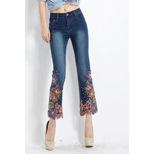 FERZIGE Brand Beautiful Handmade Beading Embroidery Pants Women Elastic Skinny Sexy Jeans High Waist Flare Pants Plus Size 36