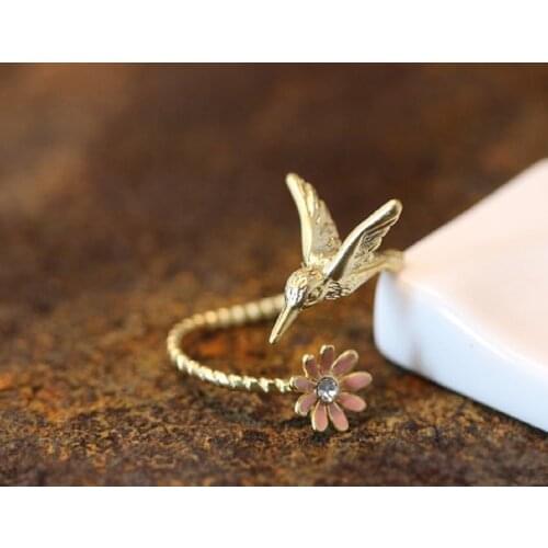 Newest Listed Humming Bird Flower Ring Womens Girls Animal Ring Jewelry Adjustable Wrap Ring gift idea