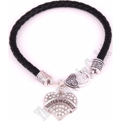 24CM length Hot Selling studded with crystals SISTER IN CHRIST heart pendant bracelet Lobster-claw-clasps