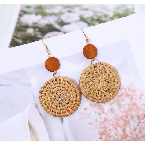 Bohemian Female Handmade Round Wooden Rattan Knit Drop Earrings For Women Fashion Boho Statement Long Earring Party Jewelry Gift