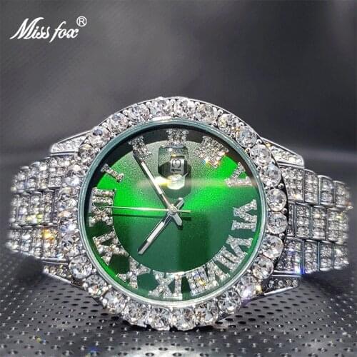 18K Gold Men Watch with Green Dial Big Diamond Bezel Luxury Business Hip Hop Trend Couple Quartz Watches Calendar Dropshipping