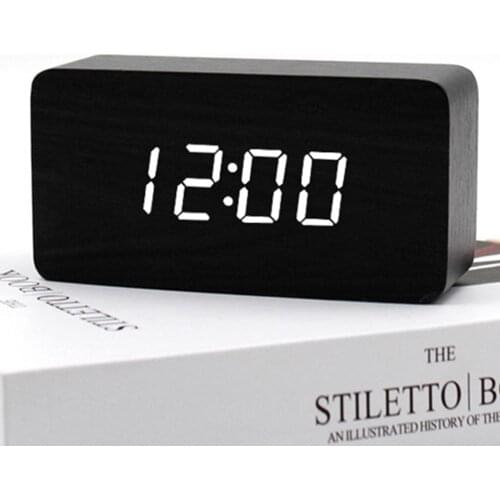 12/24H LED Time/Date/Temperature Display Wood Digital Alarm Clock Snooze Sound Control Electric Clock