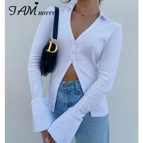 Cotton Ribbed Slit T Shirt Women Sexy V-neck Flare Long Sleeve Casual Basic Tops Korean Fashion All-match Pullover Tees Iamhotty