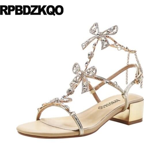 Bowtie Bling Women Jewel Wedding Rhinestone Gladiator Sandals Low Heel Chunky Crystal Chain T Strap Shoes Strappy Bridesmaid