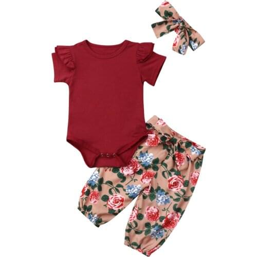 Citgeett Summer Newborn Baby Girl Red Short Sleeves Romper Floral Pants 3PCS Outfits Set Casual Clothes