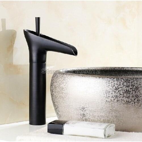Black Oil Rubbed Brass Deck Mounted NEW Waterfall Style Bathroom Basin Sink Faucet Single Handle Vessel Sink Mixer Taps Whg036