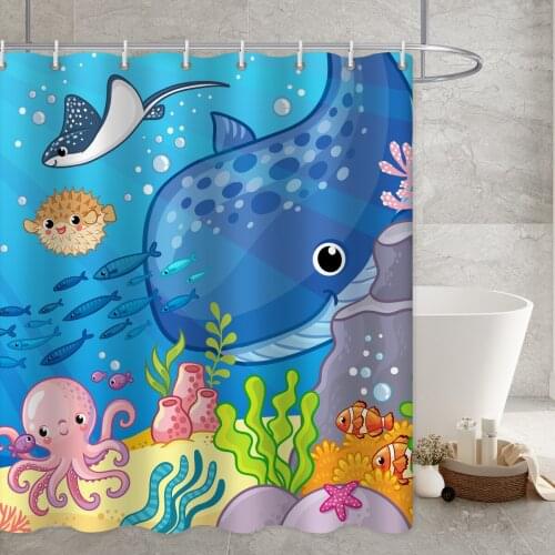 Marine life theme cartoon whale sea turtle kawaii windproof shower curtain bathroom renovation home decoration