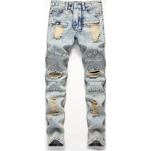 New mens male trousers Original jeans straight-leg slim-fit motorcycle big hole mens pants European American trendy trousers