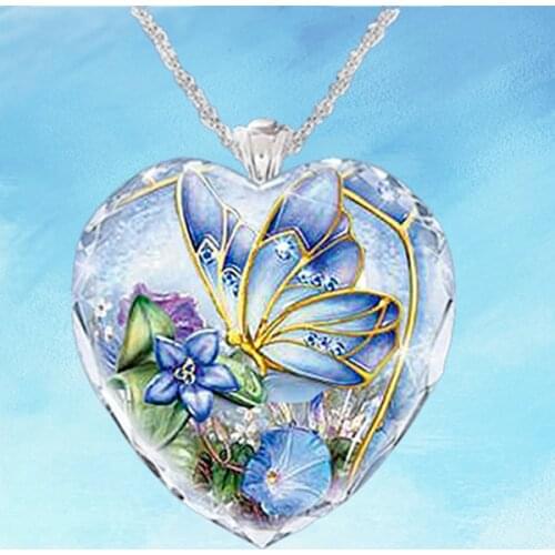 Heart Shaped Crystal Glass Blue Butterfly Flower Pendant Necklace Female Jewelry Fashion metal plant accessorie for womens gift