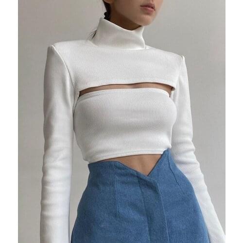 Casual Two Pieces Suits Long Sleeve T Shirt Turtleneck Super Short Tees + Slim Crop Tank Top Streetwear Tshirt Suits For Women