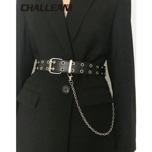 Belt female punk wide mesh double buttonhole buckle belt black willow nail female male belt chain belt for women men jeans 224