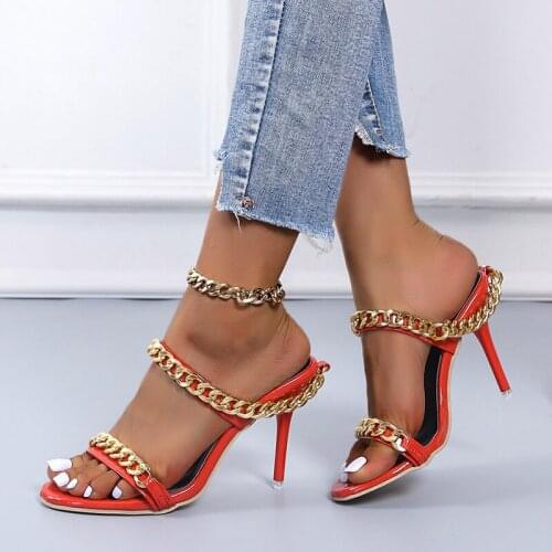 Fashion Gold Chains Stiletto Heel Sandals Lady Sexy Red Color Patent Leather Metal Chains Decor Slippers Shoes Women 2021 New