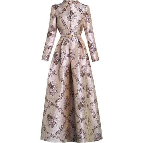 2020 Vintage Spring Jacquard Printed Long Dress Mandarin Collar Ankle-Length Ball Gown Party Maxi Dress Runway1211