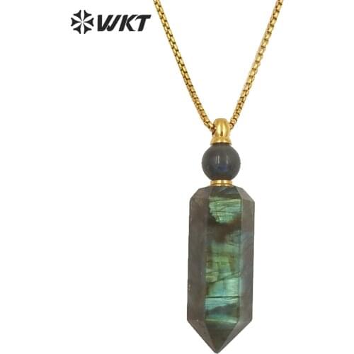 WT-N1256 Wholesale Gold stainless steel hexagona shape natural Labradorite stone essecencial oil bottle pendant necklace