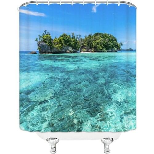 Unique Design Blue Clear Sea Water Stone Green Tree Pattern Hanging Shower Curtain Waterproof Mildew Polyester Fabric Home