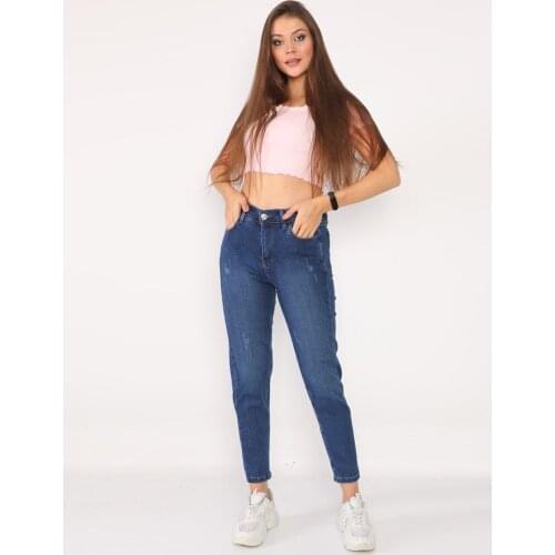 Women, Mom Jeans, High Waist, Regular Cut, Flexible, Full Lycra, Dark Blue, Solid Color, Full Length, Cotton Denim Trousers,2021