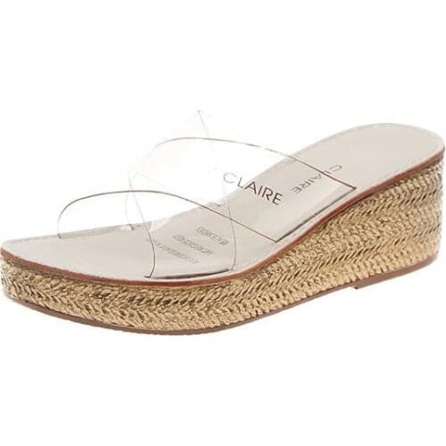 Women Casual 6cm Heel Platform Wedge Sandals Summer Slippers 2021 Cute Transparent Slip On Slides 40 Size Zapatos de Mujer