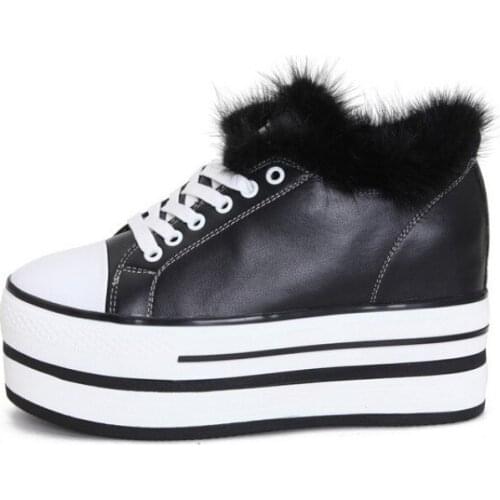 Women Winter Fleece Lining Increasing Wedges Pumps Brand New Fur Designer Genuine Leather Casual Platform Shoes Hip Hop Sneakers