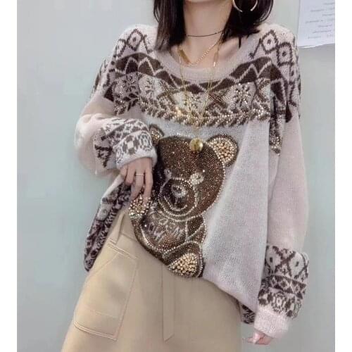 Hot Drilling Bear Female Sweaters 2021 New Spring Autumn Loose O Neck Bottoming Knitted Top Long-sleeved Pullovers Women Sweater