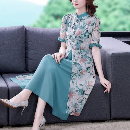 2021 Summer Print Chiffon Midi Dress Chinese Style Vintage 3XL Plus Size Mulberry Silk Dress Women Elegant Bodycon Party Vestido
