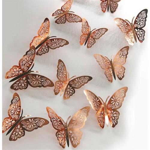 12Pcs 4D Wall Stickers Hollow Rose Gold/Golden/Silver Butterfly Wall Stickers DIY Art Home Decor Wall Decals Wedding Decoration