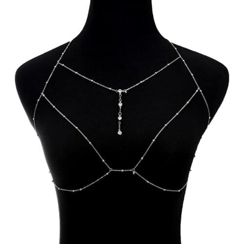 12 pieces/lot Gold Silver Color Beads Bra Cross Body Chains Bikini Necklace Rhinestones Tassel Belly Chain Sexy Beach Jewelry