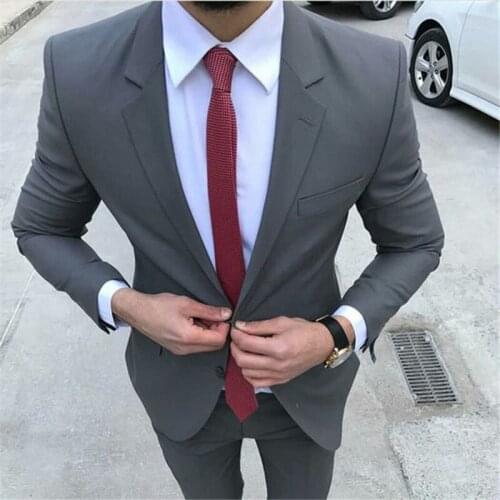 2020 New Arrival Grey Slim Fit Men Suit Tuxedos Masculino 2Pieces(Jacket+Pants+Tie) Best Man Suit Latest Style Male Clothing