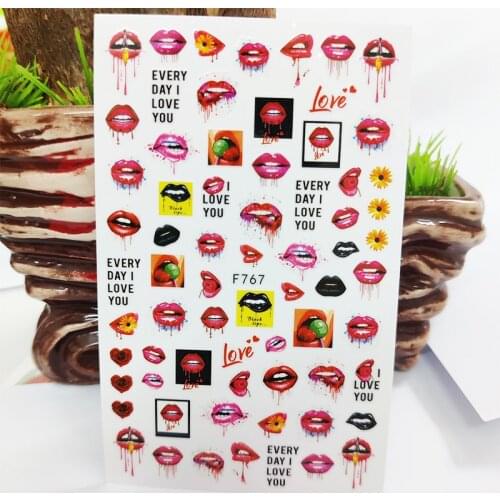 3D Nail Stickers Red Lips Love Heart Flowers Stickers for Nails Self-Adhesive Design Sticker for Manicure Nail Art Decoration