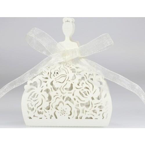 50pcs Rose Flower Cut Hollow Bride Dress Candy Dragee Gift Boxes Paper Wrapping Packaging Baby Shower Wedding Party Supplies