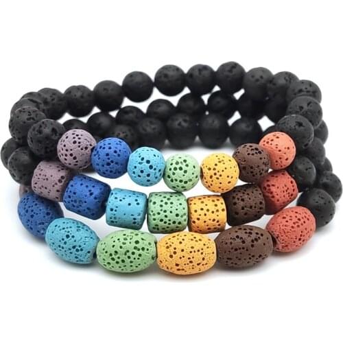 Assorted 8mm Cubic Seven Chakras Bracelet Lava Stone Essential Oil Diffuser Black Beads Buddha Yoga Strand Women Men Jewelry