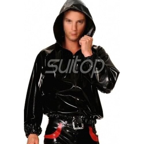 Black latex shirt with cap rubber boxer sweater suit mens top