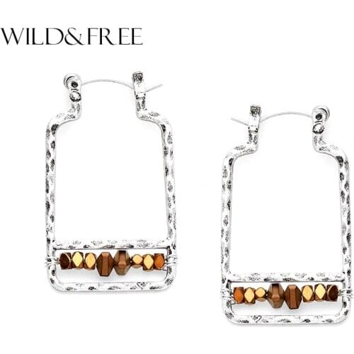 Women Fahion Gold Zinc Alloy Geometric Hoop Earrings With Natural Stone Bead Hollow Out Dangle Earrings Jewelry