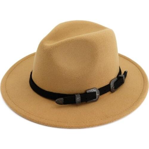 Unisex Wide Brim Wool Felt Fedora Hats with Belt Buckle Fashion Men Women Formal Party Jazz Cap Panama Floppy Gambler Hat