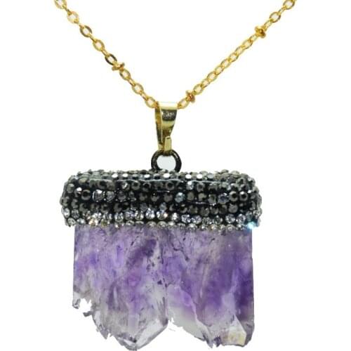 Purple Natural Slice druzy pendant necklace raw cluster natural crystal quartz geode druzy necklace with rhinestone crystal pave
