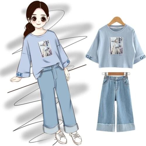 Autumn Kids Outfits Girls Letter Print T-shirts + Wide-leg Jeans Pants Tracksuits Girl Childrens Clothes 2Pcs Teenage Clothing