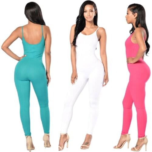 Long Jumpsuit for Women 2020 Summer Round Neck Sleeveless Jumpsuits Sexy Backless Sportswear Slim Solid Color bodycon Jumpsuits