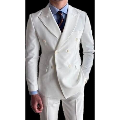 Fashion Double breasted Men Suits Slim Fit 2 Pieces Groomsmen Tuxedos Peaked Lapel Blazer Wedding Prom Male Formal Jacket Pants