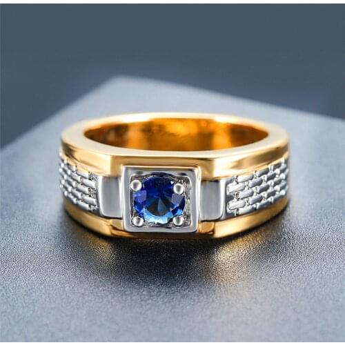 Gorgeous Blue Round Zircon Engagement Promise Rings For Men Vintage Fashion Yellow Gold Jewelry Male Female Luxury Wedding Ring