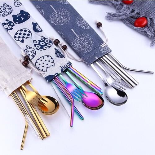 7Pcs Portable Travel Dinneware Set 304 Stainless Steel Fork Scoop Chopsticks Straw Silverwar Set Rainbow Cutlery with Pouch