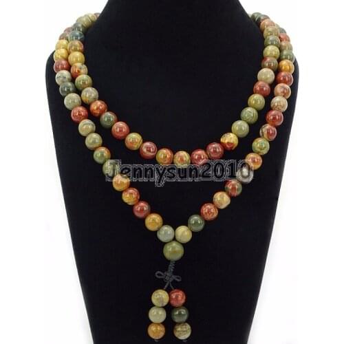 Natural Picasso Ja-spe 10mm Gems Stone Buddhist 108 Bead Prayer Mala Long Necklace Multi-Purpose Bracelet Necklace 5Strands/Pack