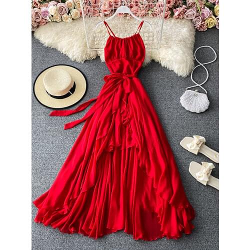 Red Sexy Party Spaghetti Strap Irregular Long Dress Women Elegant Sashes Big Swing Strapless Vestidos Spring Autumn New Fashion