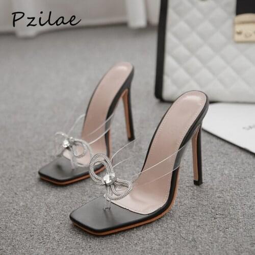 Pzilae New PVC jelly silver crystal sexy slippers high heels rhinestone bowtie women transparent sandals flip flops size 35-42