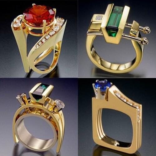 Luxury Female Crystal Blue Green Champagne Stone Ring Fashion Yellow Gold Finger Ring Vintage Party Geometric Rings For Women