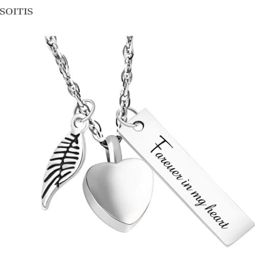 SOITIS Forever In My Heart Custom Strip Pendant Angel Wing Decorative Mini Heart Shape Fillabled urn Necklace Ashes Keepsake