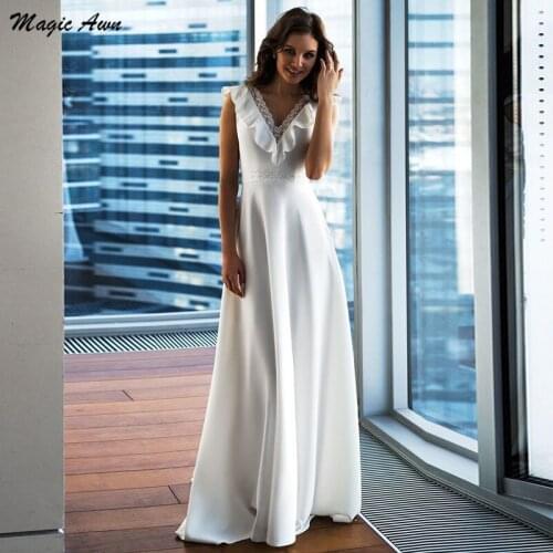 Magic Awn Chic Beach Wedding Dresses Satin Lace Appliques A-Line Modest Boho Backless Mariage Gowns Sweep Train Abito Da Sposa